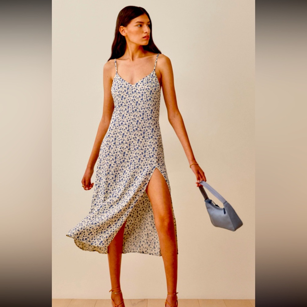 Reformation NWT Crimini slip dress in Mykonos (white with blue floral). Size 10.